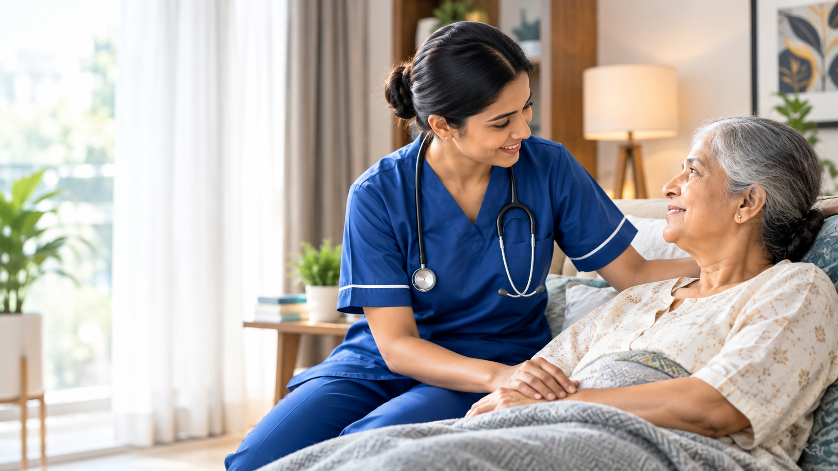 Professional home healthcare caregiver assisting elderly patient at home in Gurugram